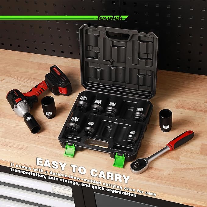 TecoTek 1/2" Drive Deep 6-Point Impact Socket Set, 10-Piece Deep SAE Spindle Axle Nut Impact Socket Set, Cr-Mo, 1-1/16-Inch to 1-5/8-Inch Size, Enhanced Storage Case