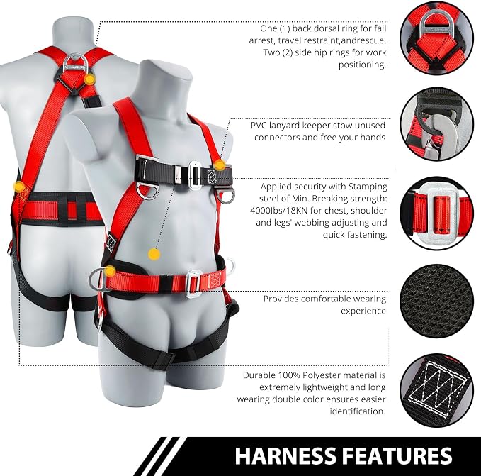 TT TRSMIMA Safety Harness Fall Protection Kit: Roofing Harness for Work | Men Construction Climbing Fall Arrest Safety Harnesses with Shock Absorbing Lanyard Rebar Hook Waist Pad
