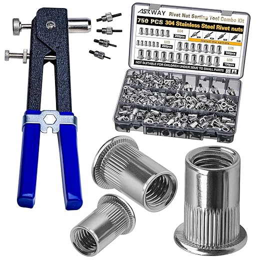 ASKWAY Stainless Steel Rivet Nut Tool Kit 750 Pcs 304 Stainless Steel Rivet Nut Combination, Suitable for Furniture, Decoration, Automotive, Marine and Industrial Applications