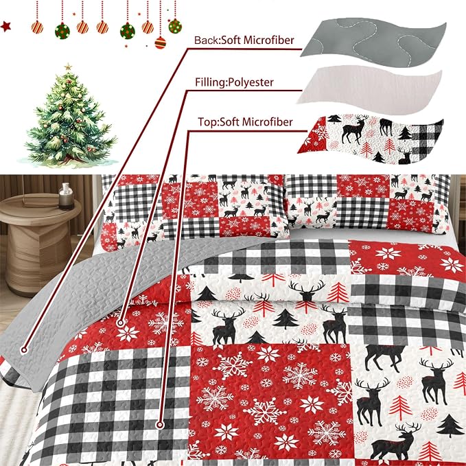 Merry Christmas Patchwork Quilt Set King - Deer Tree Red Snowflakes Checkered Printed Holiday Bedding Set - Soft Microfiber Lightweight Comforter Coverlet Bedspread(Deer Checkered, King(90"x104"))