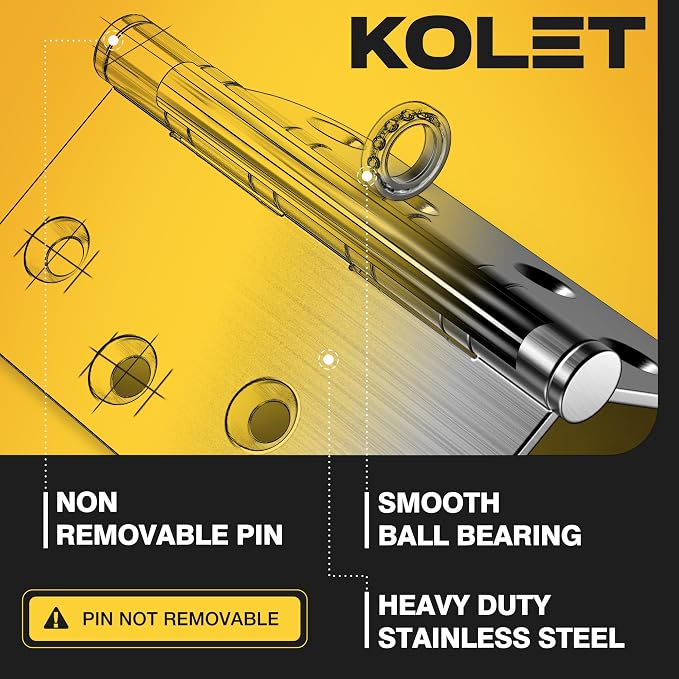 KOLET Ball Bearing Door Hinges, 4 x 4 Inches Door Hinges, Heavy Duty Stainless Steel Hinges, Square and 5/8'' Radius Corner, Smooth and Quiet, Non Removable Pin, Brushed Nickel, 6 Pack
