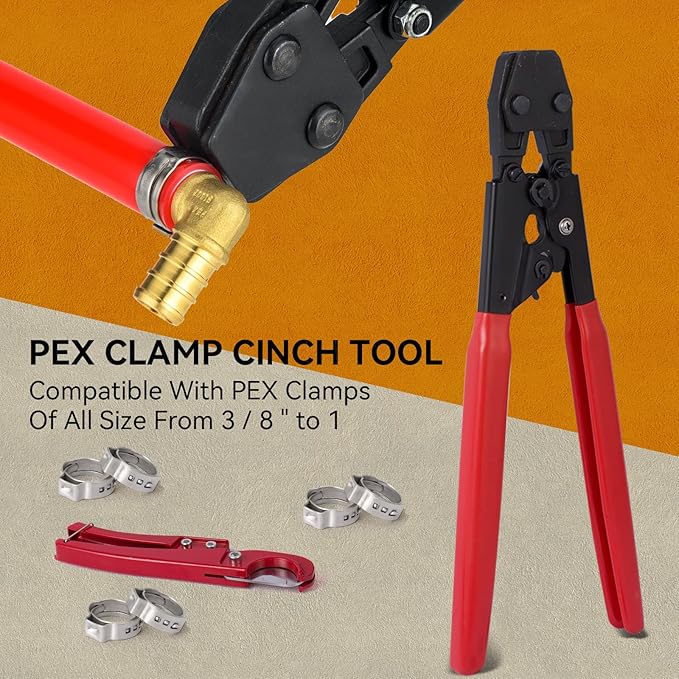 PEX Cinch Clamp Crimping Tool,Pex Crimp Kit for 3/8" to 1" Stainless Steel Clamps Including 20pcs 1/2",10pcs 3/4" Clamps with Pipe Cutter,PEX Pipe Tubing Connect Tools Suit US F2098 Standards