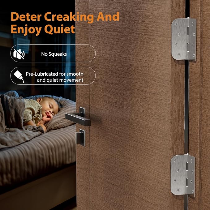 3 Pack Brushed Nickel Door Hinges, 4 Inch Exterior Door Hinges with Square & 5/8" Radius, 4 in Satin Nickel Heavy Duty Residential Front and Back, Removable Pin & No Squeaks