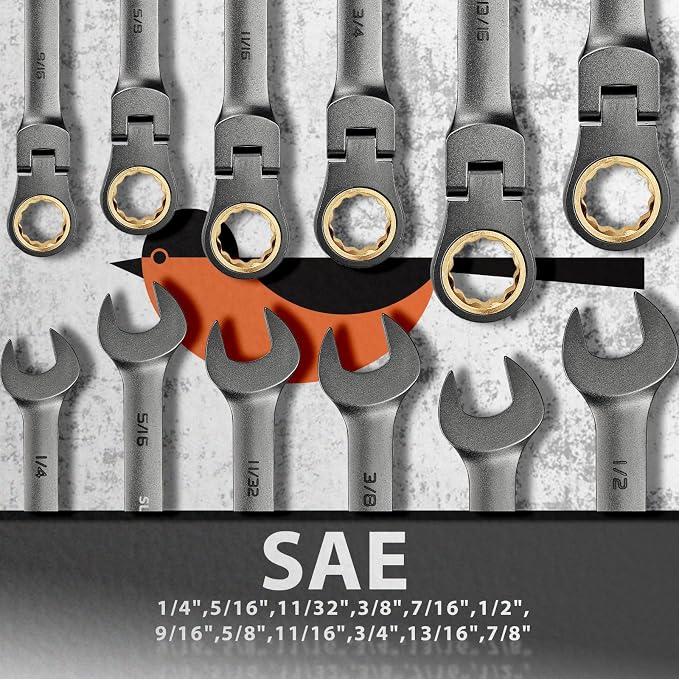 SUZUME SAE Ratcheting Wrench Set 12-Piece (1/4"-7/8") with 180° Flex Head | Black Nickel Coating Cr-V Steel 72 Teeth No Skip For Automotive Car, SUV, Bike, Machine, Bicycle, Motorcycle Repair Home DIY