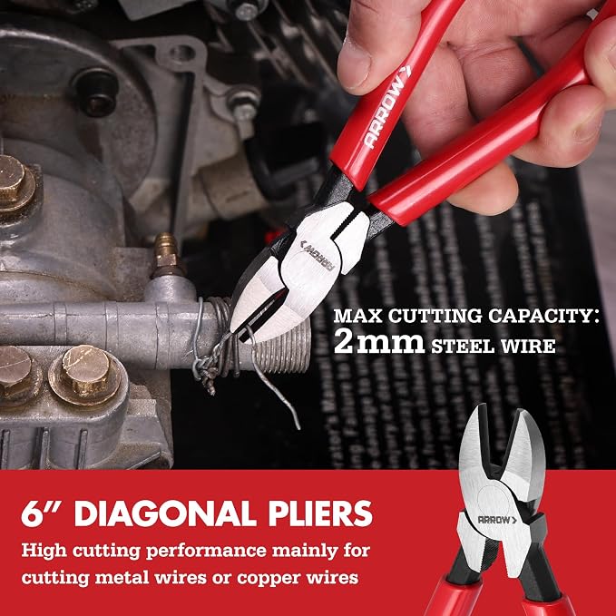 ARROW 8PCS Pliers & Wrench Set, Portable Rolling Bag With Handle | 6" Needle Nose Pliers, 6" Diagonal, 7" Linesman, 8" Slip Joint, 8" & 10" & 12" Groove Joint and CRV 8" Adjustable Wrench