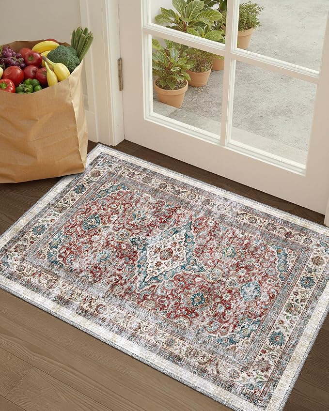 Color&Geometry Vintage Kitchen Rugs Sets of 3, Machine Washable 4mm Ultra Thin Stain Resistant Kitchen Floor Mats, Non Slip TPE Backing Runner for Sink,Hallway,Laundry,Entryway (2x3+2x5+2x7)
