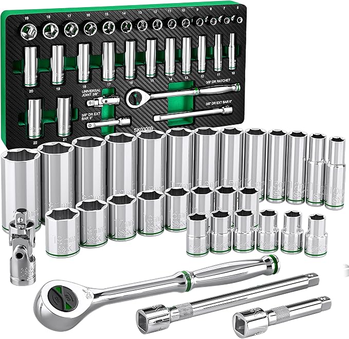 SK 3/8" Drive Socket Set with 160-P Ratchet, Metric, CR-V Steel | 31-Piece Sockets, SuperKrome Finish, Heat Treated, with EVA Foam Tool Organizer
