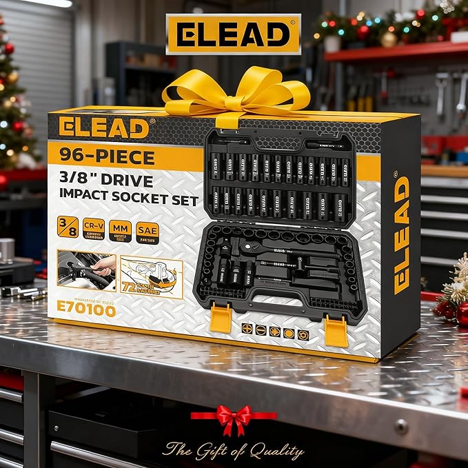 ELEAD 96-Piece 3/8" Drive Impact Socket Set, SAE(5/16 to 3/4-Inch) & Metric(8-22mm), Standard & Deep Sockets, Ratchet Handle, Bit Set, Universal Joint, Extension Bar, Adapters, Spark Plug Sockets