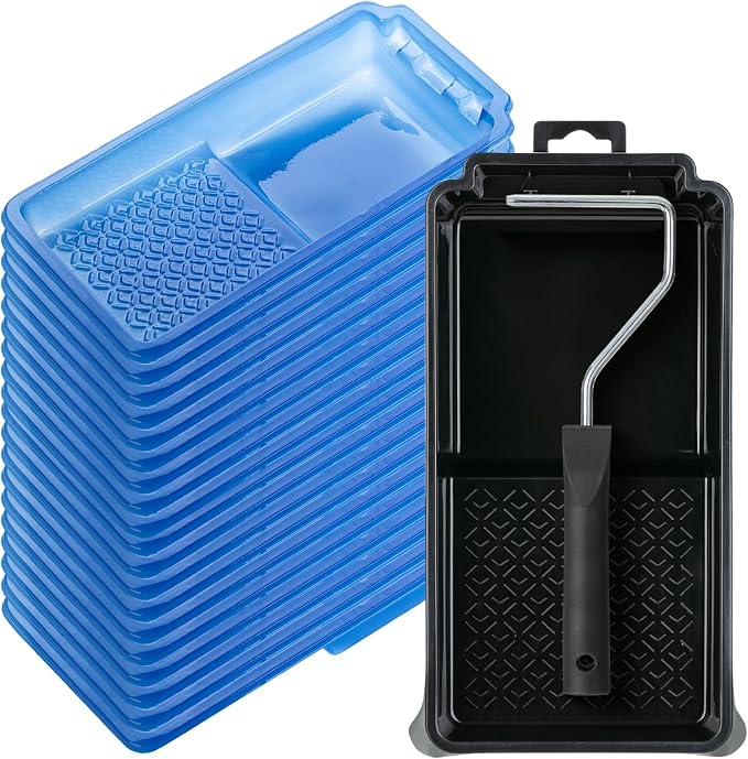 Bates- 4 Inch Paint Tray Set, 22 pcs, 1x 4 Inch Paint Roller Tray, 20x Disposable Plastic Liners & 1x Roller Frame, Black & Blue