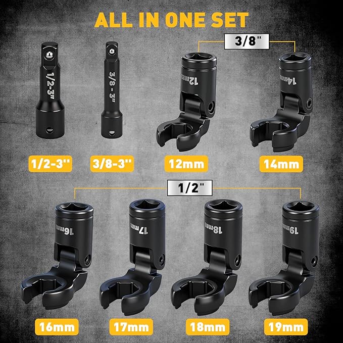 ELEAD 8-Piece Flex Head Crows Foot Wrench Set, Metric 12 14 16 17 18 19 mm with Extension Bar, 3/8" & 1/2" Drive Crowsfoot Line Wrenches Set, Access Fasteners in Tight Spaces