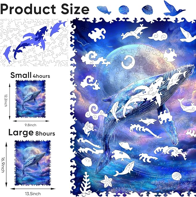 Bovearto Whale Wooden Puzzles for Adults, Unique-Shaped Sea Animal | Jigsaw Puzzle, 200 Pieces, Relaxing Family Game Gift (9.8" x 12.2")