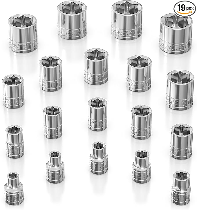 Olsa Tools 3/8-Inch Drive SAE Deep Socket Set - 19pc | 6-Point Chrome Vanadium Sockets, 6mm–24mm, No Skipped Sizes - Professional-Grade SAE Socket Sets - Part: 1328