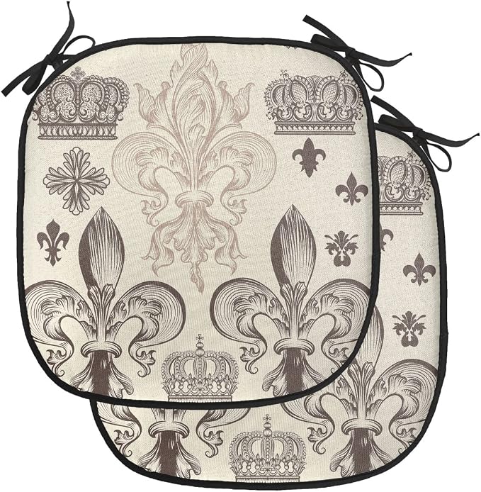 Lunarable Fleur De Lis Chair Cushion Pads Set of 2, Heraldic Pattern Royal Flower and Crowns Tiara Coat of Arms Knight, Anti-Slip Seat Padding for Kitchen & Patio, 16"x16", Beige Taupe and Ivory