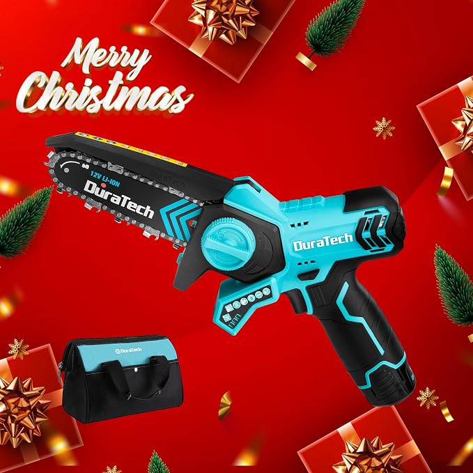 DURATECH 12V Mini Chainsaw, 6 Inch Cordless Electric Wood Cutting Saw | 2 Batteries, 2 Chains, One-Hand Operation, Portable Design, Tree Pruning, Garden Maintenance, Branch Cutting, DIY Projects