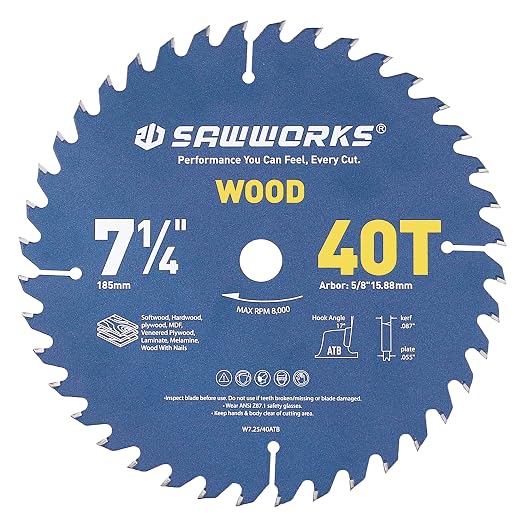 SawWorks 7-1/4" 40T Carbide Circular Saw Blade, Finish Cutting for Carpenters & Enthusiasts, 5/8" Arbor