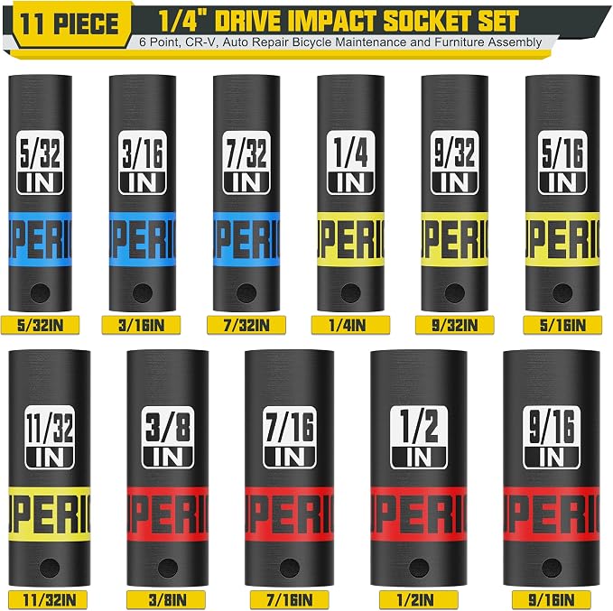 11 Piece 1/4" Drive Impact Socket Set, 5/32" - 9/16" Deep Socket, SAE, 6 Point, CR-V, Auto Repair Bicycle Maintenance and Furniture Assembly