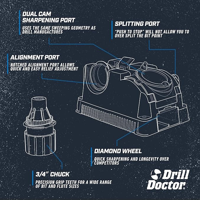 Drill Doctor DD750X Electric Drill Bit Sharpener, 3/32-3/4" High-Speed, Portable - Steel, Masonry, Carbide, Cobalt, Tin-Coated Bits, Adjustable Angles