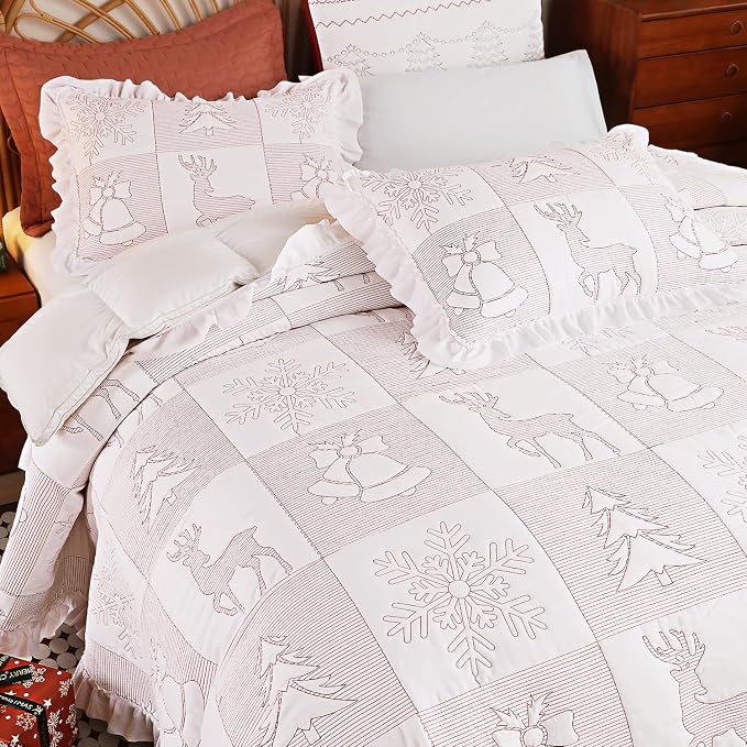 Cmfshape Christmas Embroidery Quilt Set,3 Pieces Queen Size Xmas Tree Reindeer Pattern Bedding Set,Reversible Christmas Bedspread Coverlet,Holiday Bedding(White,92"x96")