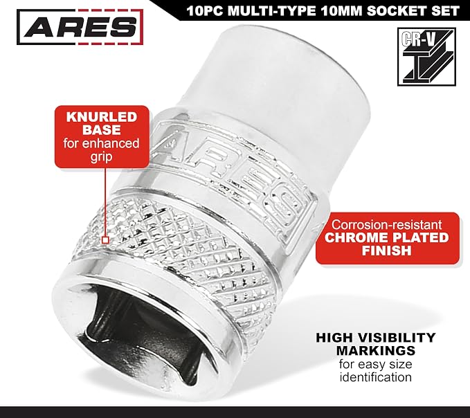 ARES 39020 10-Piece Multi-Type 10mm Socket Set | Premium Chrome Vanadium Socket Set Includes Shallow and Deep Metric Sockets