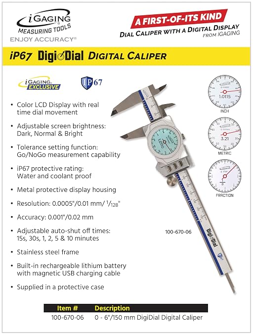 iGAGING 0-6" Electronic Digital Caliper Full Color LCD Display with Real Time Dial Movement, IP67 Protective Rating (100-670-06)