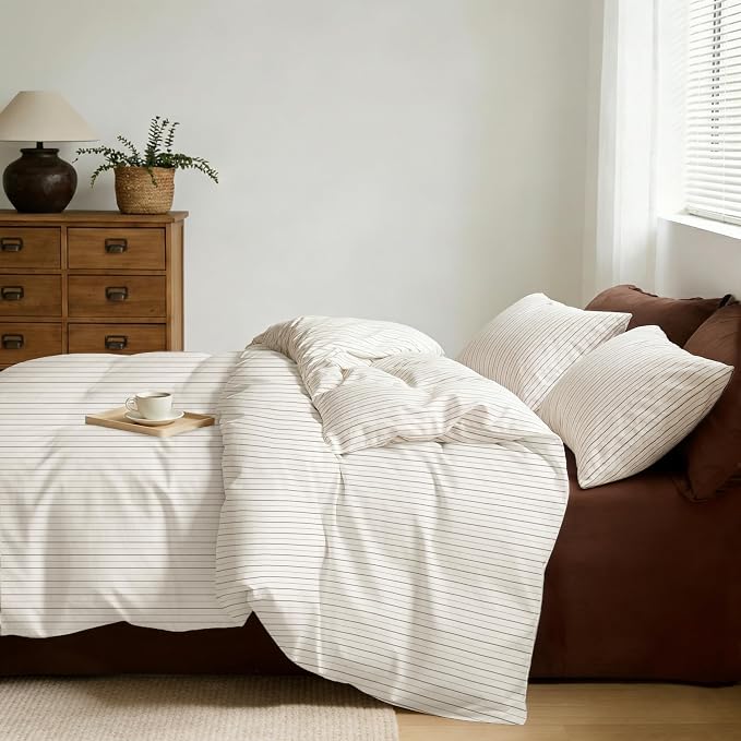 Sedefen Striped Duvet Cover Queen, Brown Stripe Bedding Set with 2 Pillowcases, Modern Minimalist Stripes Pattern Reversible Soft Breathable Microfiber Duvet Cover for All Season