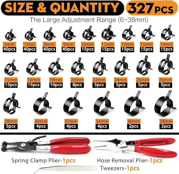 327-Pcs 65Mn Spring Clamps Kit (23 Sizes, 6-38mm) with Swivel Jaw Pliers,Hose Removal Pliers & Tweezers - Constant Tension Fit For Fuel, Coolant, Vacuum & Silicone Hose（Black）