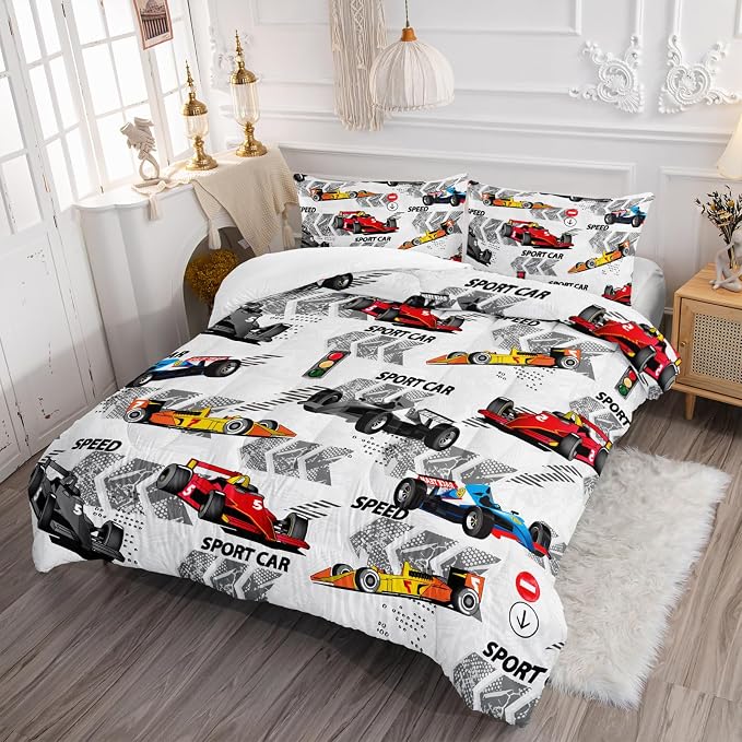 Axolotl Racing Car Comforter Set King Size,Extreme Sports Themed Boys Bedding for Boys Teens Girls,3 Piece Cool Speed Race Cars Quilt Set with 1 Comforter 2 Pillowcases,Multi Color