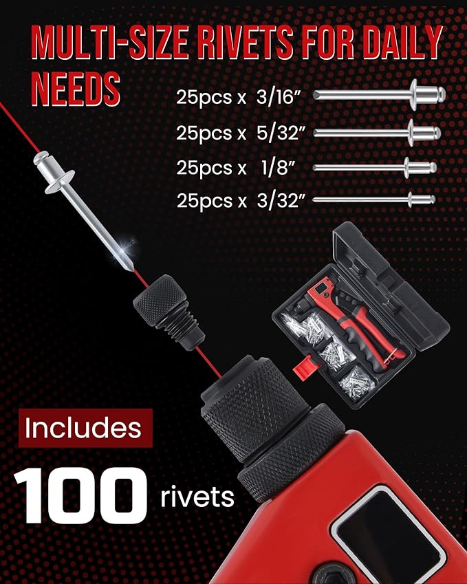 Anfrere Rivet Gun Kit, Manual Riveting Tool with 100 Rivets and 4 Interchangeable Heads, Professional 4-in-1 Pop-Up Hand Riveter, Storage Case