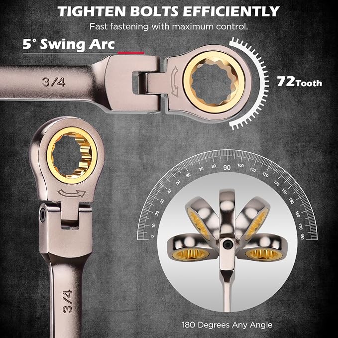 SEDY Premium 12-Piece SAE Flex-Head Ratchet Wrenches Set 1/4"-7/8" with Magnetic Organizer, Cr-V Steel Ratcheting Wrench Set with 72 Teeth 180° Flex Head, Ratchet Combination Wrench Set for Repair