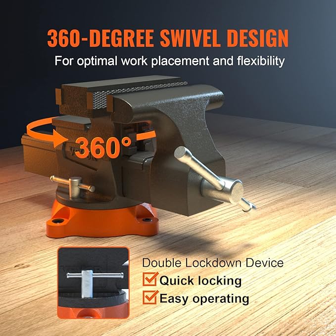 VEVOR Bench Vise, 6.5" Jaw Width 6.5" Forward &9.3" Reverse Opening, 360-Degree Swivel Locking Base Multipurpose Workbench w/Anvil, Heavy Duty Ductile Iron w/Bolts & Nuts, for Drilling, Pipe Cutting