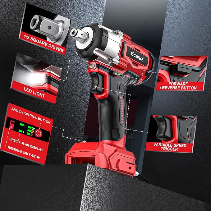 Ecarke Cordless Impact Wrench 1/2 inch Compatible with Milwaukee 18V Battery, 300 Ft-lbs (400N.m) Brushless Electric Impact Gun Includes LED Work Light (No Battery)