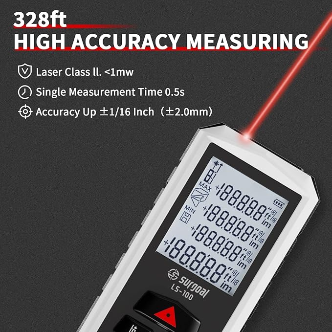 Laser Distance Meter Digital Laser Measuring Tool with LCD Backlit Display, Pythagorean Mode, Area & Volume Calculation, ±2mm Accuracy, Class II, Electronic Tape Measure for DIY and Construction 196ft