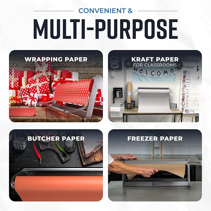 Bryco Goods - 24 Inches All Paper Roll Dispenser and Cutter Made of Heavy-Duty Steel Frame & Sharp Blade. Holds, Dispenses & Cuts. Wall Mountable & Non-Slip Tabletop. Up to 1000ft Rolls