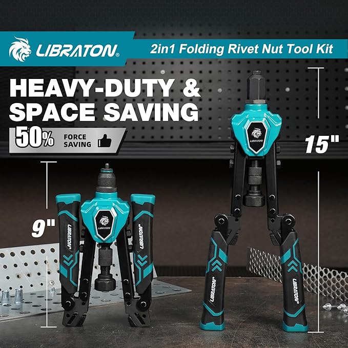 LIBRATON 2in1 Rivet Nut Tool and Rivet Gun Kit Folding, with 11 Mandrels (Metric & SAE) & 5 Nose Pieces (2.4-6.4mm), Includes 100 Nuts & 200 Pop Rivets, Folding Heavy Duty Hand Tool for DIY & Repair