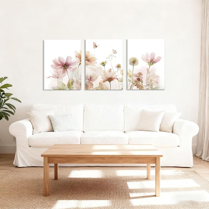 Framed Colorful Wildflower Canvas Wall Art,Sage Green Large Boho Canvas Wall Art Set of 3,Modern Minimalist Flower Pictures Decor Painting Bedroom Bathroom Living Room Nursery 12"x16" Inches