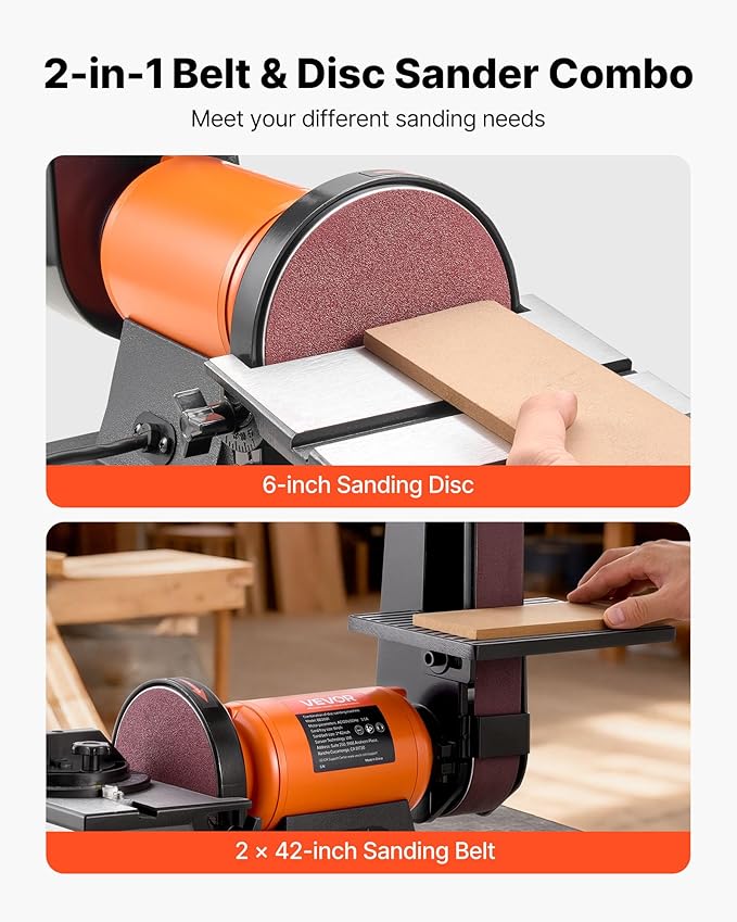 VEVOR 6" Disc Sander & 2" x 42" Belt Sander, 420W Professional Bench Belt Disc Sanders Combo with Multiple Angle Adjustments for DIY Woodworking, Furniture Refinishing, Knife Sharpening