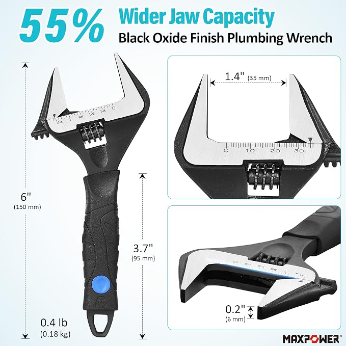 MAXPOWER 6-inch Wide Jaw Adjustable Wrench, 1.4" Jaw Opening, Stubby Handle | Cushion Grip, Compact Wrench,Smooth Adjustment for Plumbing & Automotive Work