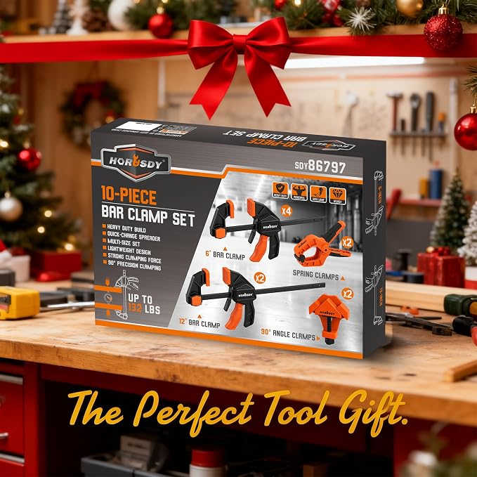10-Piece Bar Clamp Set for Woodworking, 4 x 6-inch & 2 x 12-inch One-Handed F Clamp/Spreader, 132 lbs Load Capacity, Includes Spring Clamps & 90° Angle Clamp, Quick-Release Grip