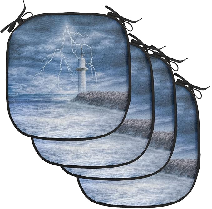 Lunarable Lighthouse Chair Cushion Pads Set of 4, Lighthouse Thunderstorm Turbulent Wind Moody Weather Dramatic Sky Scene, Anti-Slip Seat Padding for Kitchen & Patio, 16"x16", Navy Blue Dimgray