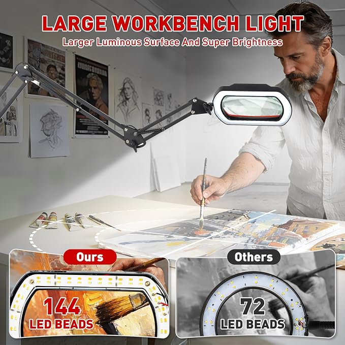 HITTI 12X Square Ultra Long Magnifying Glass with Light and Clamp