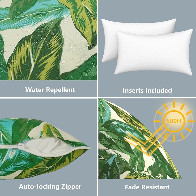 LVTXIII 2 Pack Outdoor Lumbar Pillows 12x20 Inch with White Piping, Fade Resistant Support Throw Pillows with Inserts for Patio Furniture, Sofa, Chair, Lush Leaf Jungle