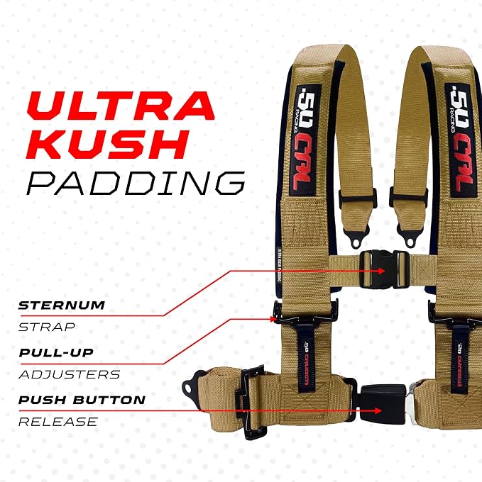 1pc 50 Cal Baja Gold 4 Point Harness 2in Straps, Racing Harness Seat Belt | Ultra Kush padding, Push Button quick release hardware. Universal Fit for UTV, RZR, race car.
