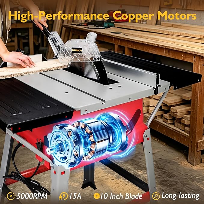 Table Saw with Stand 10-Inch, 15A 5000 RPM Portable Jobsite Table Saw, 0-45° Bevel & 90° Crosscut For 2-9/16" To 3-11/32" Max Cutting Depth, Angle Stop & Push Stick for Woodworking & DIY