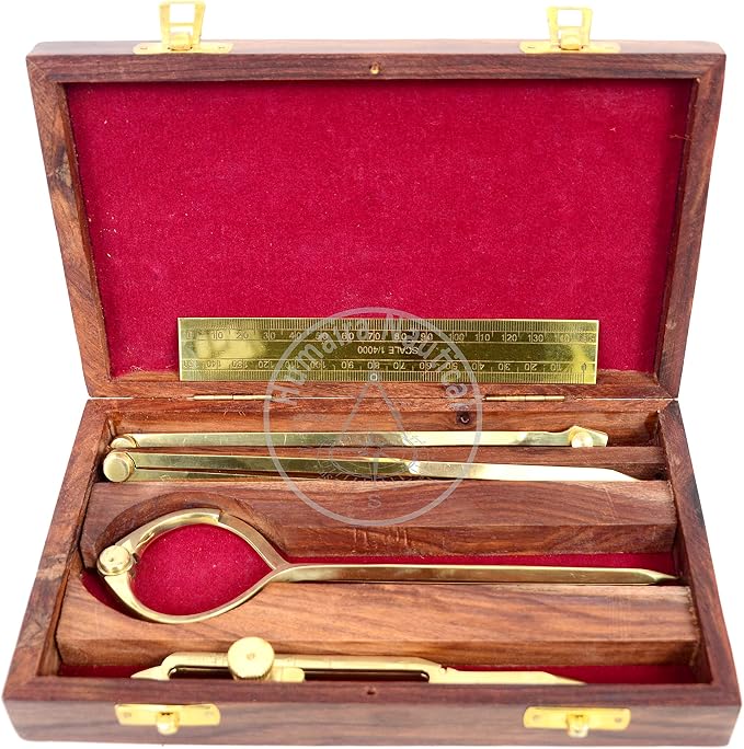 Humaira Nautical Proportional Divider Set of 5, Full Brass dividers with Executive Wooden Box, Single Handed 8" Brass Navigational Dividers Compass Set for Maritime, Naval, Geometry and Drafting