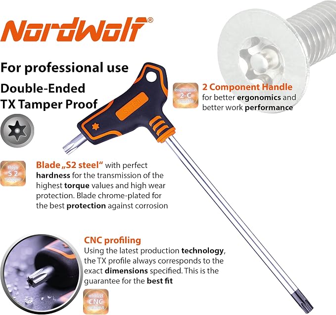 NordWolf 9-Piece T-Handle Torx Wrench Set, S2 Steel Long Arm Security Star Keys, Sizes T10 to T50 in Storage Box
