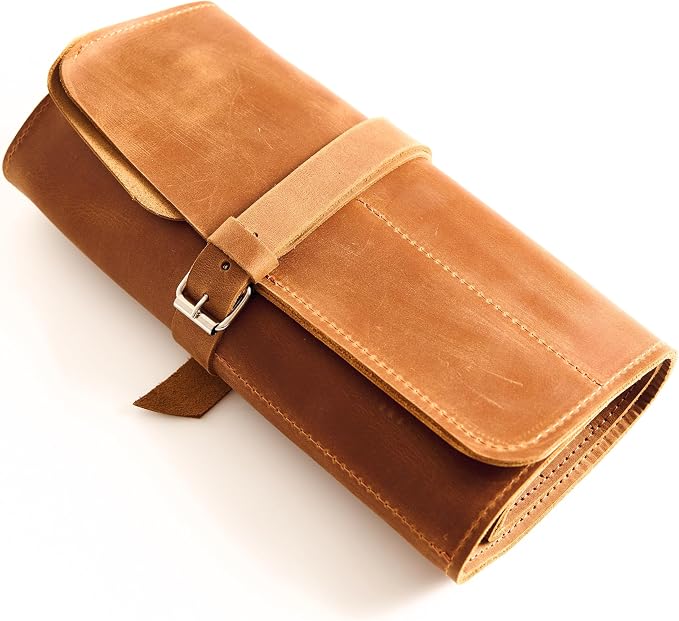 Genuine Leather Tool Roll – Compact Roll-Up Tool Organizer with Multiple Pockets for Wrenches, Screwdrivers & Pliers – Portable Leather Tool Storage Case, Warm Brown (Tools Not Included)
