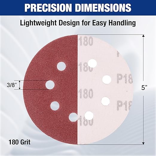 WORKPRO 100-Piece 180 Grit Sanding Discs - 5-Inch 8-Hole Hook and Loop Sandpaper for Random Orbital Sander (Not for Oscillating Tools or Mouse Sander)