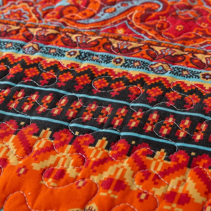 BEDIFANY Cotton California King Quilt Set - Lightweight Boho Bedspread Oversized King Size - Colorful Orange Stripe King Size Quilt Bedding Sets (108 * 118 Inch) for Bed Decorations Coverlet, 3 Pieces