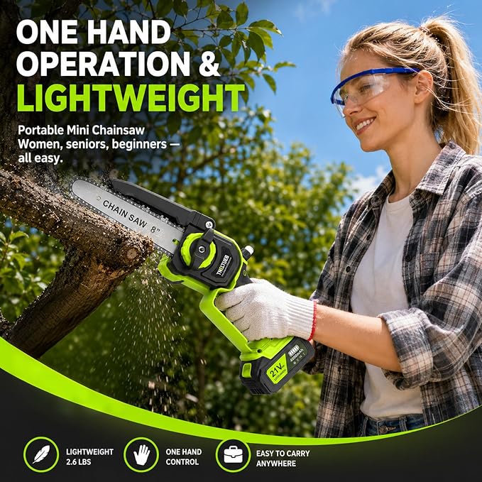 TNELTUEB Mini Chainsaw, 6" & 8" Cordless Electric Chainsaw, 4.0Ah Batteries | 2 Battery Powered Chainsaw, 1000W Brushless Handheld Chainsaw For Tree Trimming, Auto Oiler, Small Chain Saw Gift For Men Dad