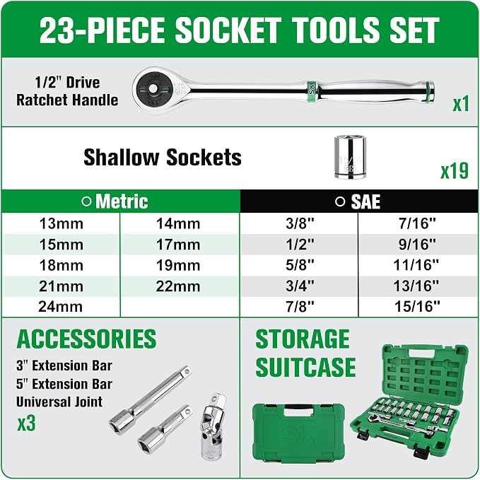 SK 1/2" Drive Socket Set with 216-P Ratchet, 23-Piece, SAE & Metric Sockets | Quick-Release Ratchet, SuperKrome Finish, Premium CR-V Steel, Heat Treated, with Storage Suitcase